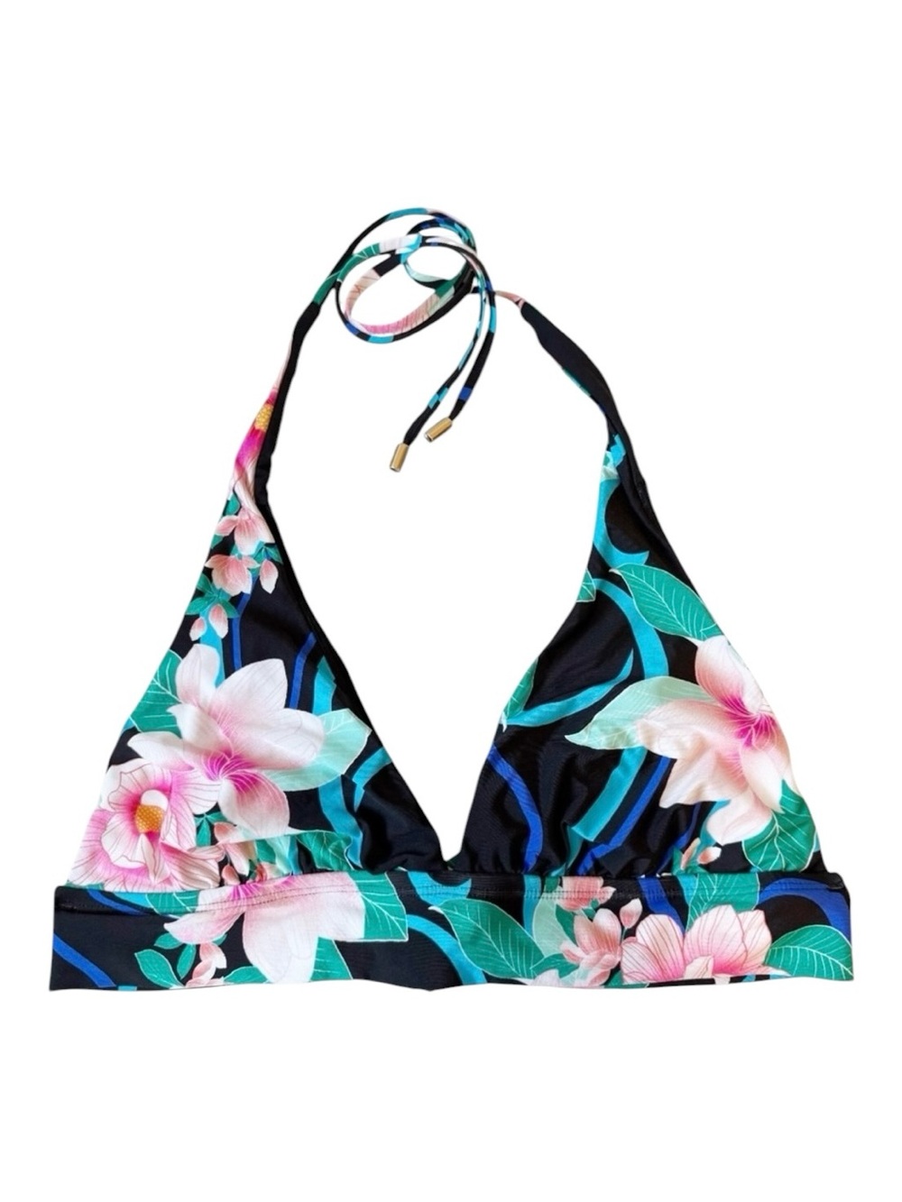 La Blanca Nightfall Blooms Banded Tie Neck Halter Bikini Top Black Floral Size 6